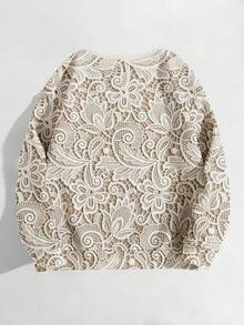 EMERY ROSE 大码女式仿蕾丝印花图案卫衣，舒适圆领长袖，适合日常穿着 - 彩色 - 查看 2