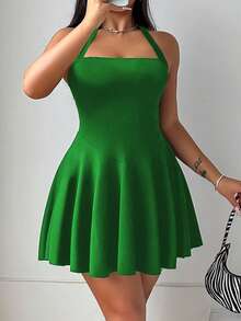 BamGleam 女士性感纯色露背吊带连衣裙，夏季 - 綠色 - 查看 7