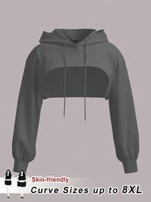 SHEIN CURVE+ 大码黑色针织超短款连帽毛衣，适合秋冬穿/秋冬 - 灰色 - 查看 1