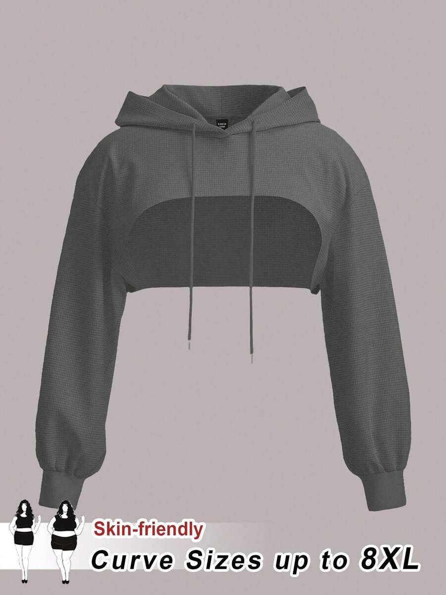 SHEIN CURVE+ 大码黑色针织超短款连帽毛衣，适合秋冬穿/秋冬 - 灰色 - 查看 1