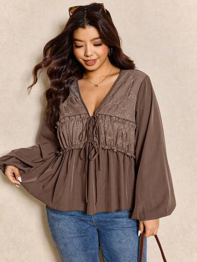 Elaquor Plus Size Women's Cute Blouse, French Coffee Color Shirt, Long Sleeve Ladies Top, Apparel Spring