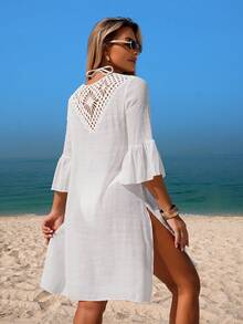 Swim Lushoire Women's Solid Crochet Lace Patchwork Flounce Sleeve Split Hem Bikini Cover Up For Beach Vacation Beach Coverups For Women White Beach Dress Women Boho White Dress Long Sleeve Summer Dress - White - View 5