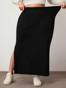 Enliva Plus Size Fitted Simple Solid Color Split Hem Stretchy Casual Pencil Skirt, For Apple Rounded Body Shape, For Body Shape, For Summer - Black - View 5