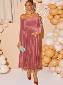 Loomaby 孕妇纯色露肩优雅长袖连衣裙 - 粉色 - 查看 1