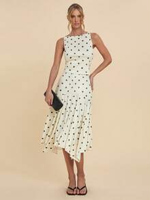 COSMINA 两件套女士优雅波点不对称下摆套装，百搭叠穿，适合约会和日常穿着，四季皆宜 - 杏色 - 查看 5