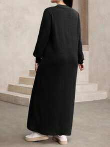 Modelyn 女士休闲宽松纹理面料圆领长连衣裙，藏蓝色，秋冬款 - 黑色 - 查看 2