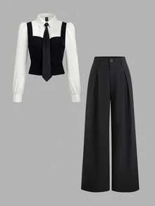 Sweetra Bộ đồ hai mảnh áo sơ mi cổ buộc tay dài phối màu đơn giản mùa thu/đông và quần ống rộng ống đứng, phong cách sinh viên dành cho nữ - Đen và trắng - Xem 1