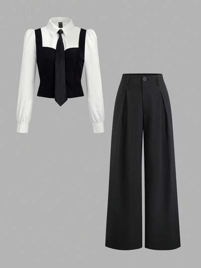 Sweetra Autumn/Winter Casual Commuter Long Sleeve Tie-Neck Colorblock Shirt & Wide Leg Straight Pants Two Pieces Set, Collegiate Style For Women