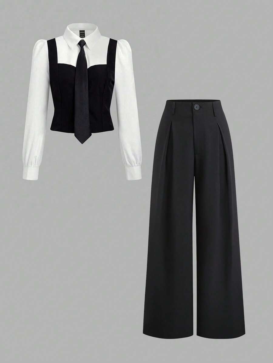 Sweetra Bộ đồ hai mảnh áo sơ mi cổ buộc tay dài phối màu đơn giản mùa thu/đông và quần ống rộng ống đứng, phong cách sinh viên dành cho nữ - Đen và trắng - Xem 1