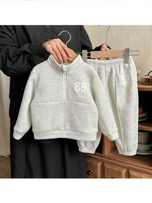 Pixure 2pcs Baby Boy Letter Pattern Knit Soft Mandarin Collar Long Sleeve Pullover Top And Jogger Pants Set,Casual And Stylish,Autumn/Winter - Grey - View 3