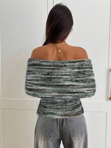 Aloruh Women's Sexy & Elegant Off Shoulder Ruched Fitted Long Sleeve Knit T-Shirt - Multicolor - View 2