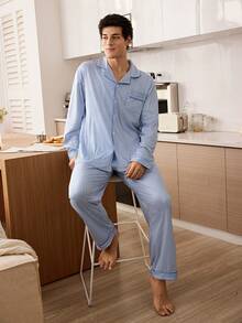 CoupledUp 男士休闲条纹印花翻领长袖纽扣睡衣套装 - 藍色 - 查看 5