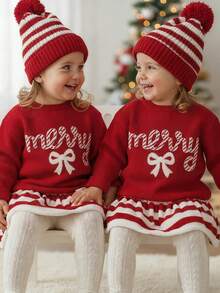 SHEIN 红色圣诞图案，甜美条纹“Merry”刺绣蝴蝶结，女婴休闲简约保暖柔软宽松圆领长袖毛衣，适合秋冬季、圣诞节、新年、假日、舒适季节、圣诞氛围、圣诞礼物、女婴秋冬叠穿、秋冬圣诞毛衣，#新款 - 紅色 - 查看 4
