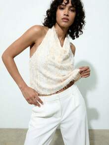 Maija Women's Fashionable Sexy Backless Tassel Halter Top White Top Draped Top White Elegant Top White Sequin Top - White - View 1