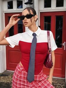 Chiquease Áo thun dệt kim tay ngắn cổ bẻ màu đỏ và trắng thanh lịch, gợi cảm, tương phản dành cho nữ, mùa xuân/thu - Đỏ và trắng - Xem 4