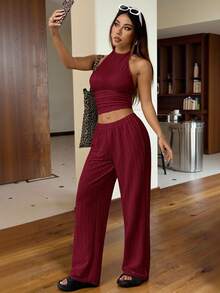 SHEIN EZwear 1 套女士深红色针织休闲紧身套装