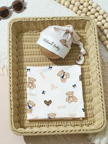 SHEIN 2件套新生儿摄影包巾，可爱小熊印花弹力婴儿襁褓毯，配同款睡帽，新生儿男女宝宝摄影道具