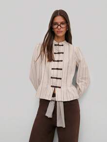 Nöista Elegant Striped Blouse-Style Jacket With Contrast Black Fastenings And A Tailored Fit. A Sophisticated Piece That Blends Modern Chic With Timeless Detail. - Baby Blue - View 2