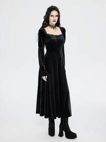 Women's Gothic Elegant Lace Trim Velvet Ruffle Collar Long Sleeve Loose Vintage Dress - Black - View 3
