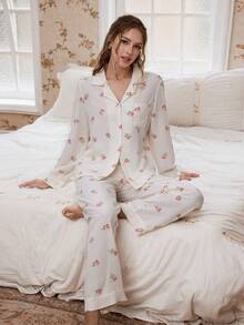 Bộ đồ ngủ dài tay cổ bèo nhún in hoa dành cho nữ - Nhiều màu - Xem 6