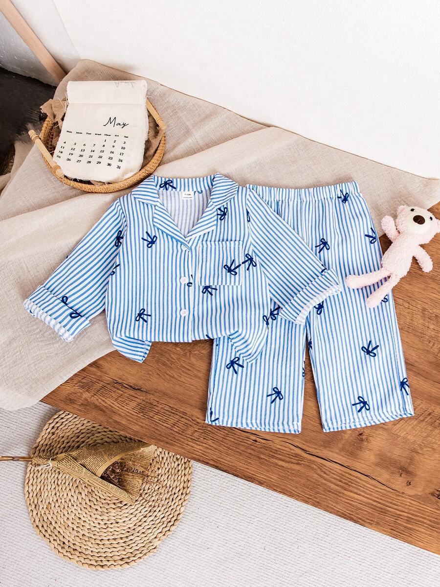 SHEIN Conjunto de ropa casual de camisa de manga larga a rayas con lazo para bebé niña, recién nacido, bebé y niña pequeña de 0 a 3 años, adecuado para usar en casa y al aire libre en otoño/invierno