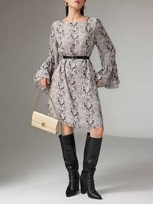 Heiryn Women's Random Print Long Sleeve Short Dress Layered Dress Ruched Cuff Dress Belted Dress Snake Print Dress - Multicolor - View 3