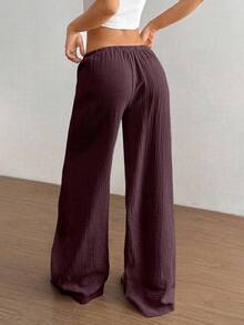 Flirla 女士柔软棉质纱布休闲裤，超低腰纯色松紧腰直筒设计 - 棕色 - 查看 2