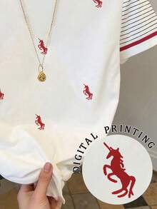 Resyla 女士休闲独角兽条纹印花拼接T恤，夏季 - 白色 - 查看 3