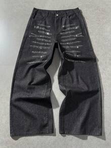 ROMWE MEN Men's Rhinestone Embellished Pocket Wide Leg Loose Casual Jeans - Black - View 1