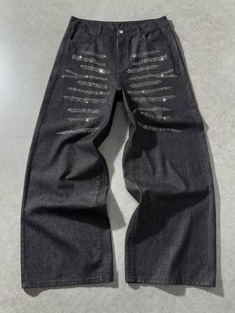 Jeans casuales de pierna ancha y holgados con bolsillo con adornos de rhinestone para hombres