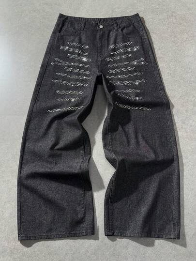 Men's Rhinestone Embellished Pocket Wide Leg Loose Casual Jeans