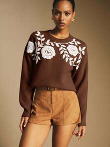 Poéselle 秋冬季休闲复古圆领长袖女式毛衣 - 巧克力棕 - 查看 5