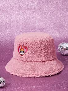 THE POWERPUFF GIRLS X SHEIN 1pc Blossom Embroidered Pink Plush Bucket Hat, Fashionable - A - View 4