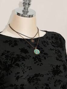 SHEIN ICON 大码女装秋季连衣裙，女式长袖连衣裙，Y2K复古植绒花卉网纱喇叭袖性感节日连衣裙，日常穿着 - 黑色 - 查看 6