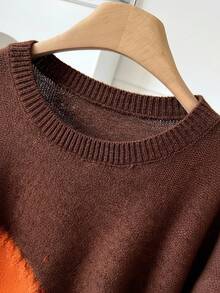 CosyJoli Suéter de cuello redondo informal con bloque de color, bigote de gato y flecos, talla grande, ropa de otoño e invierno para mujeres - Café integral - Ver 3