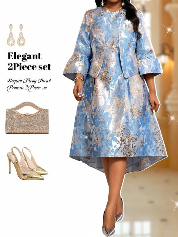 Fleurora Light Blue Elegant Wedding Autumn Women's 2 Pieces Set Plus Size Jacquard Ball Gown High Low Midi Dress With Embossed Jacket Formal Cocktail Party