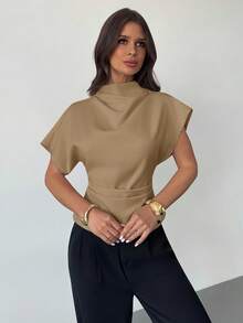 Firerie Áo cánh vải lanh tre màu mơ, cổ bẻ, tay áo bất đối xứng, eo nhún, dáng ôm vừa vặn, dành cho nữ, mọi mùa - Lạc đà - Xem 5