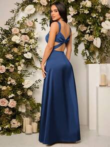 SHEIN Belle 纯色侧开衩露背伴娘礼服（成人款） - 藏蓝色 - 查看 5