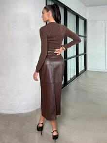 Lavishia 女士休闲纯色修身长袖针织T恤，秋季棕色长袖上衣 - 咖啡棕 - 查看 2