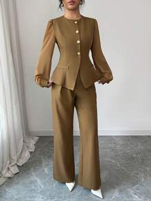 Selianne Women's Solid Color Round Neck Long Sleeve Single-Breasted Shirt And Pants Elegant 2 Pieces Set - Mustard Yellow - View 6