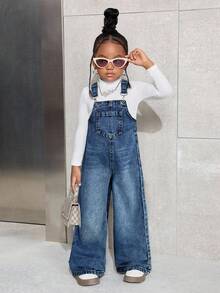 SHEIN 年轻女孩藏蓝色口袋阔腿宽松休闲牛仔背带裤 - 中等水洗藍 - 查看 5