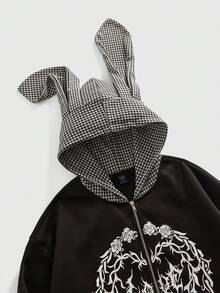 ROMWE MEN Anime Men's Houndstooth Patchwork 3D Ear Design Zipper Front Casual Hoodie, Long Sleeve Top - Black - View 3