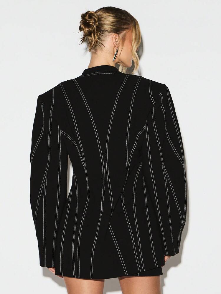 KIZN Blazer Dress With Cinched Waist White Stitch Detail Long Sleeve Mini Black Dress For Fall Winter Office Party Evening Professional