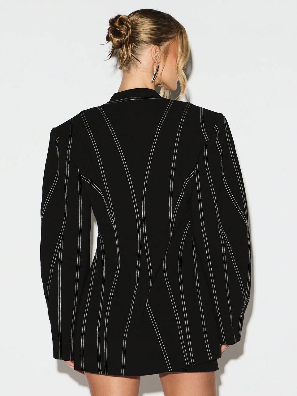 KIZN Blazer Dress With Cinched Waist White Stitch Detail Long Sleeve Mini Black Dress For Fall Winter Office Party Evening Professional