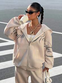 Muchica 女士字母印花宽松保暖连帽卫衣，秋冬款 - 卡其色 - 查看 6