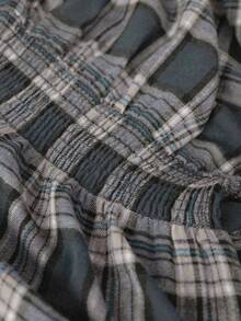 LanaWest 女士格子图案可追踪面料圆领小褶皱腰身修身娃娃裙，裙摆设计休闲波西米亚西部乡村风格 - 灰色 - 查看 3