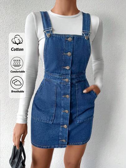 SHEIN Tall Women's Blue Waist Cinched Square Neck Sleeveless Buttoned Front Denim Dress Jeans Dress Woman Denim Overall Dress Jackpot 2000s Style Women Overalls Pinafore Dress Jeans Dress For Woman