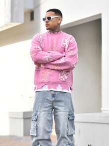 Devon Thys Unisex Street Fashion Cross Jacquard Crew Neck Loose Fit Casual Sweater, Suitable For Spring, Autumn And Winter - Pink - View 3