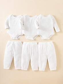 SHEIN 男婴三件套服装，包括三件白色针织长袖连体衣和三条松紧腰裤，适合所有季节，日常穿着，可叠穿，适合3个月至24个月的男婴。 - 白色 - 查看 3