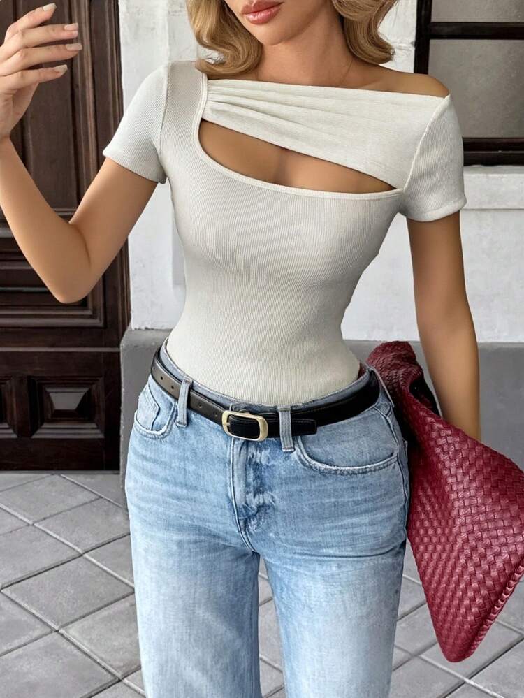 Women's Summer Solid Color Asymmetrical Collar Hollow Out Slim Fit Casual T-Shirt